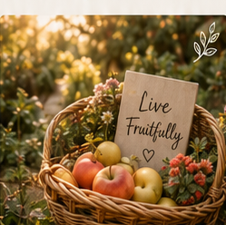 Fruit basket with a Live Fruitfully note in a garden