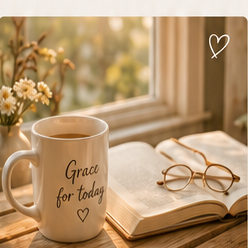 Coffee mug and open Bible by a window