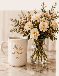Abide in Him mug beside white flowers